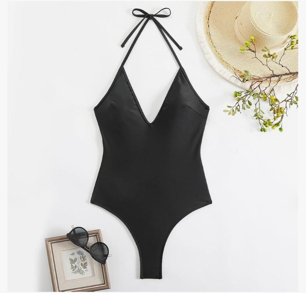 Women's One Piece Swimsuit Halter V Neck High Cut Cheeky Bathing Suit Size XL